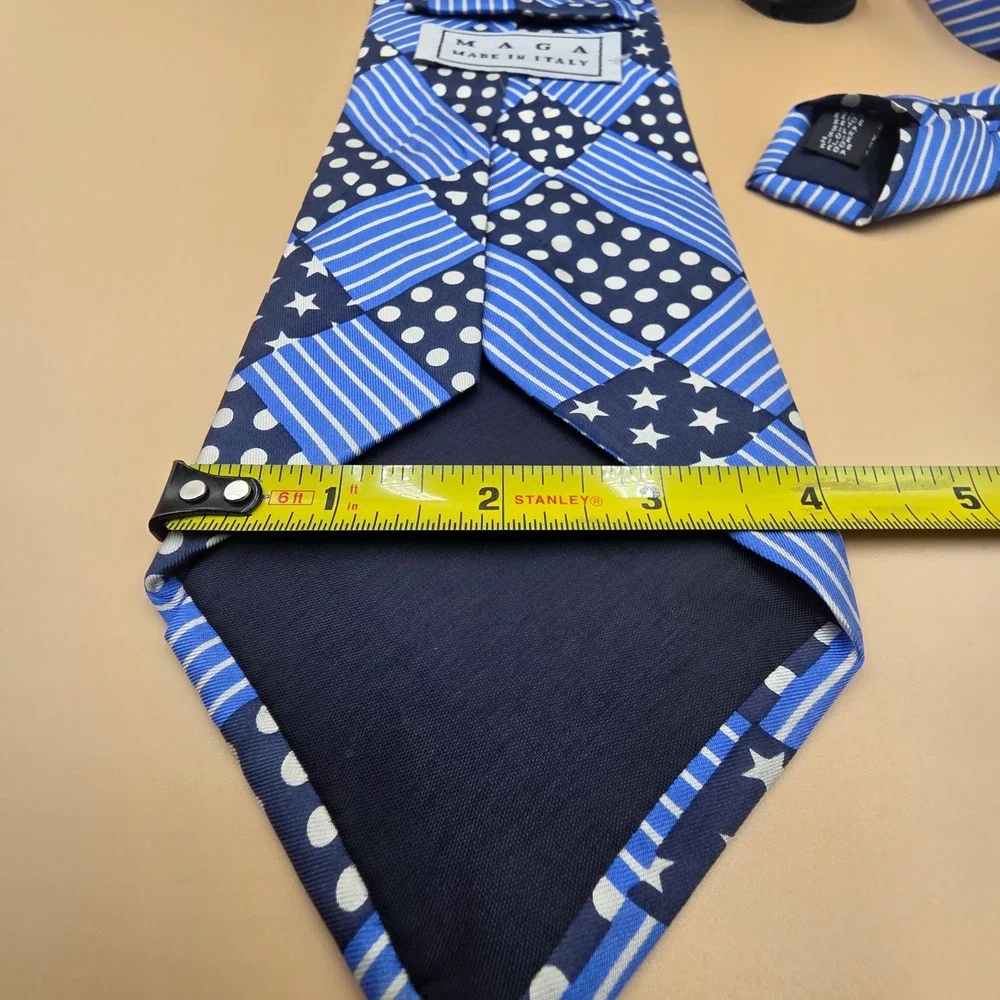 Maga Made in Italy Mens Silk Tie Blue Patchwork Stars Hearts Polka Dots Stripes